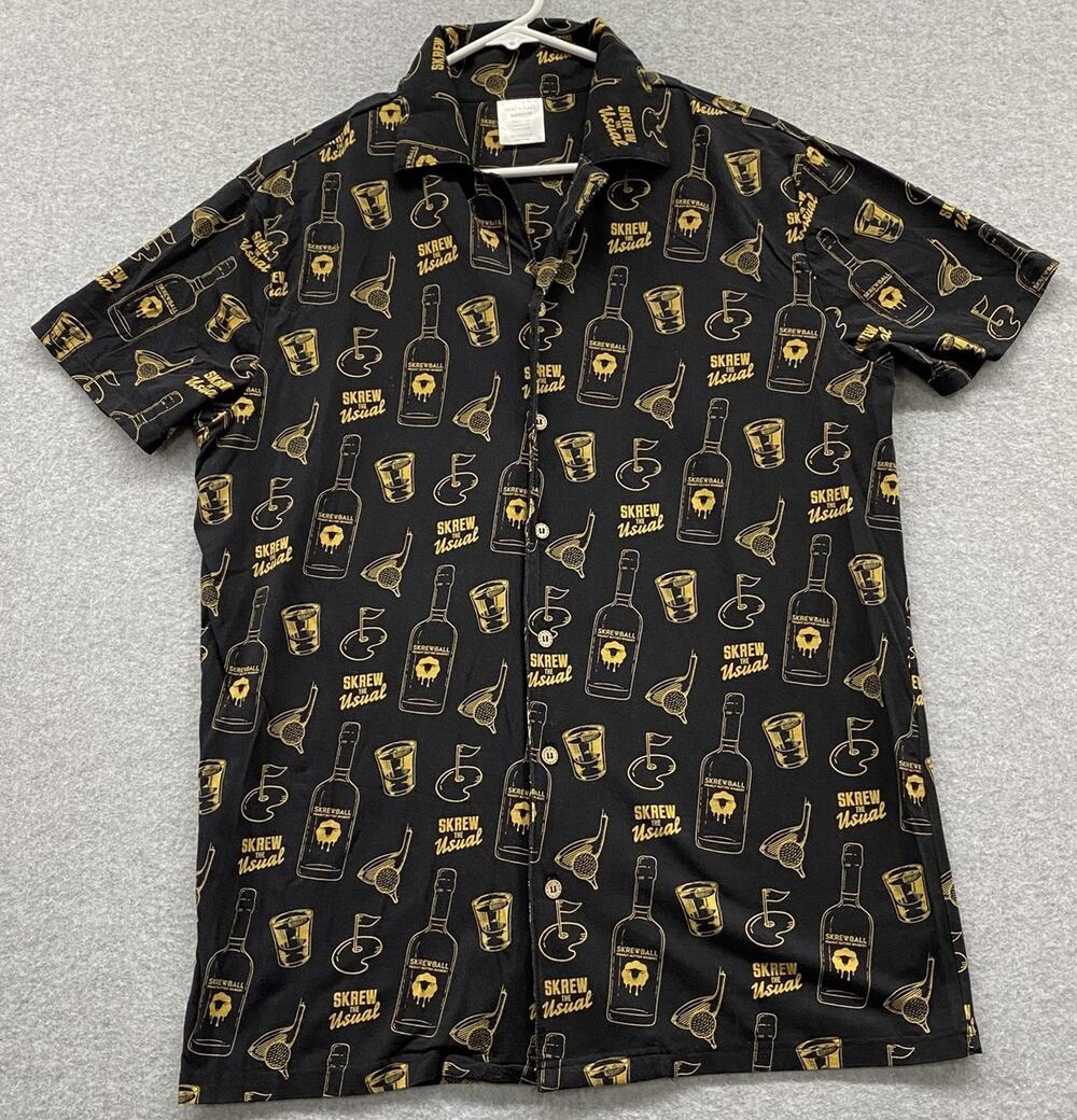 Skrewball Whiskey Button Front Camp Shirt Mens Medium Black Golf AOP Print